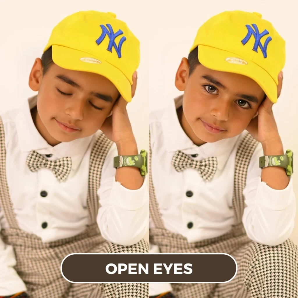 Little boy with yellow cap and classic outfit open eyes expressions