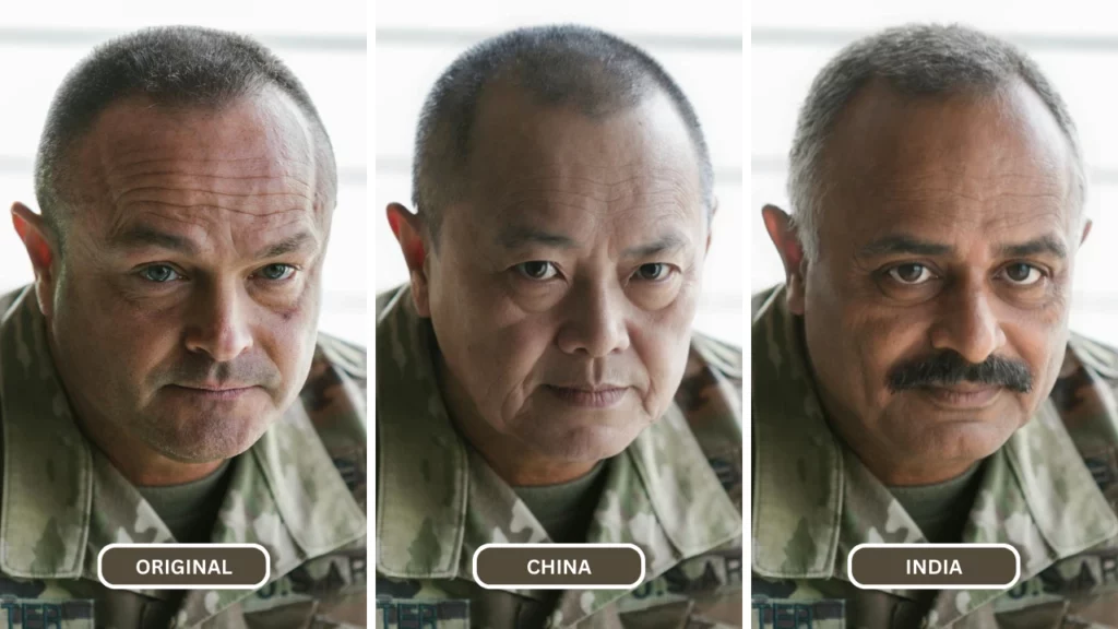 Closeup image of an old military man with different ethnicities looking at the camera