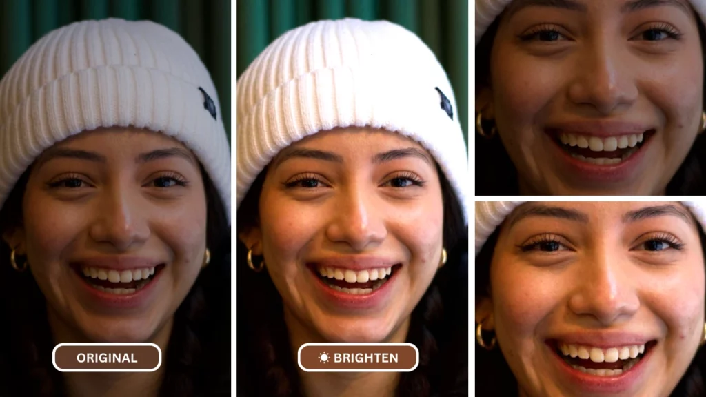 AI Image Brightener on an image of a girl laughing while wearing a white cap and golden earrings