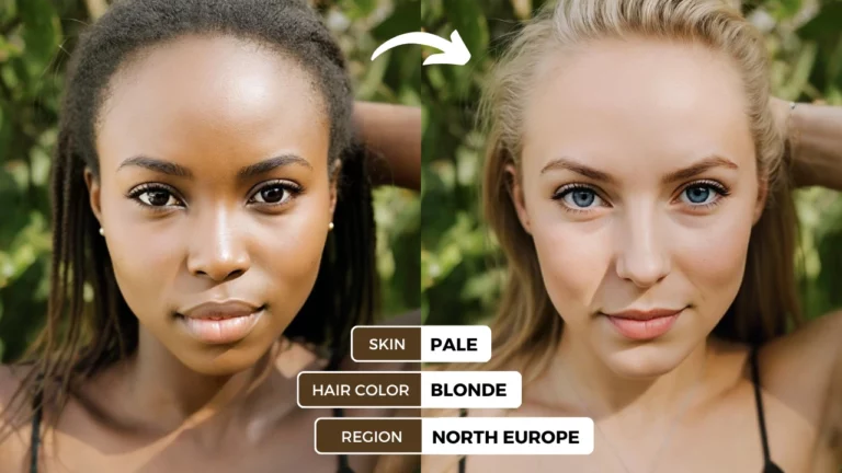 EraseID tutorial example: AI-powered identity transformation with altered skin tone, hair color, and regional traits.