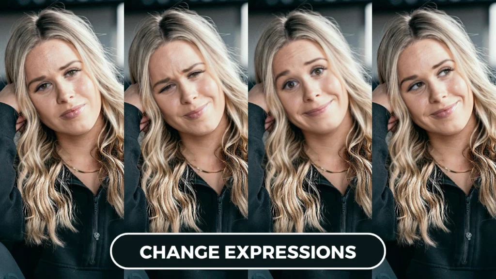 Changing expressions of a blonde woman with long hair wearing a black jacket and gold chain