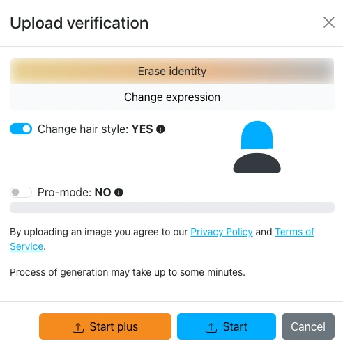 Upload Verification for EraseID, select "Erase Identity" or "Change expression" to manipulate the images