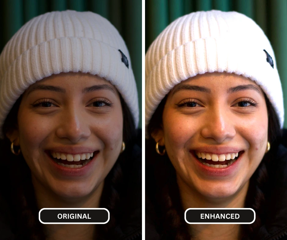 Mejorando la imagen de una mujer joven sonriendo a la cámara mientras lleva una gorra blanca