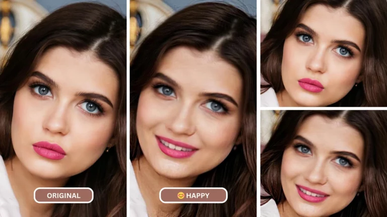 Smile editor named EraseID being used on an image of a young woman with blue eyes and lipstick