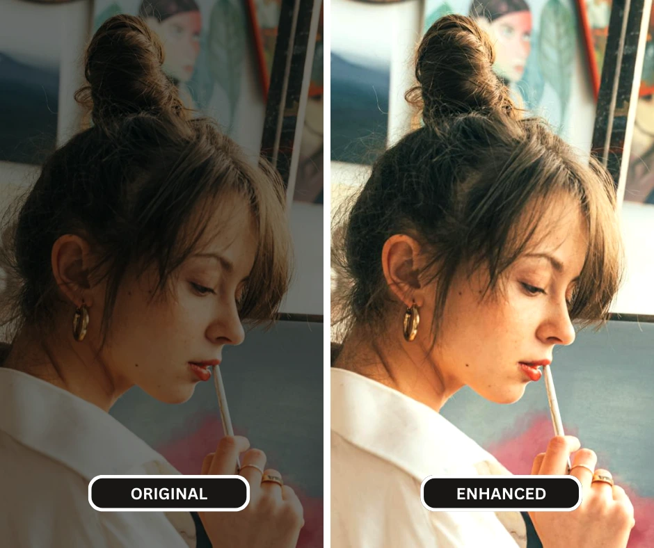 AI photo brightener by SuperID being used on an image of a young girl in white shirt and hair bun