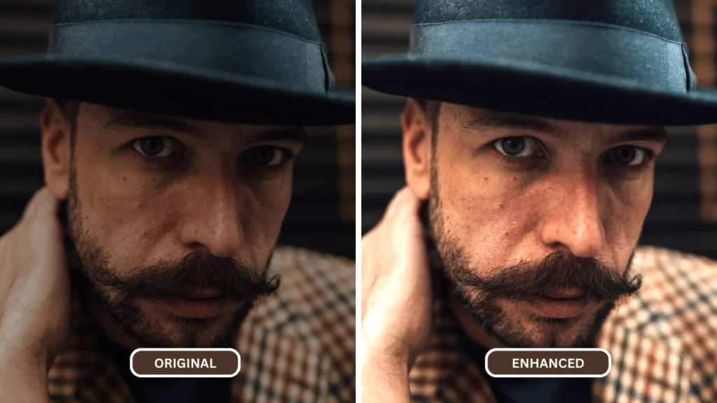 closeup comparison image of a man with mustache enhanced image using superid