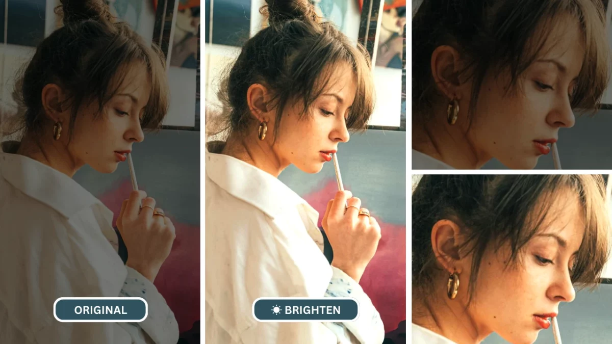 AI photo brightener of a woman with paint brush while wearing white shirt and golden earrings