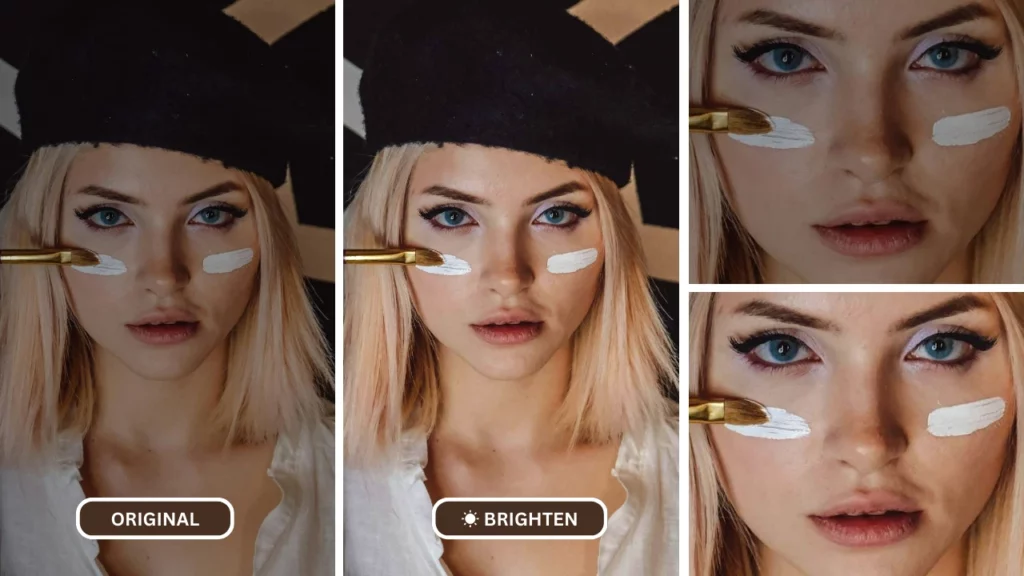 ai photo brightener using SuperID on an image of young girl in black hat and blue eyes while having white paint on her cheeks