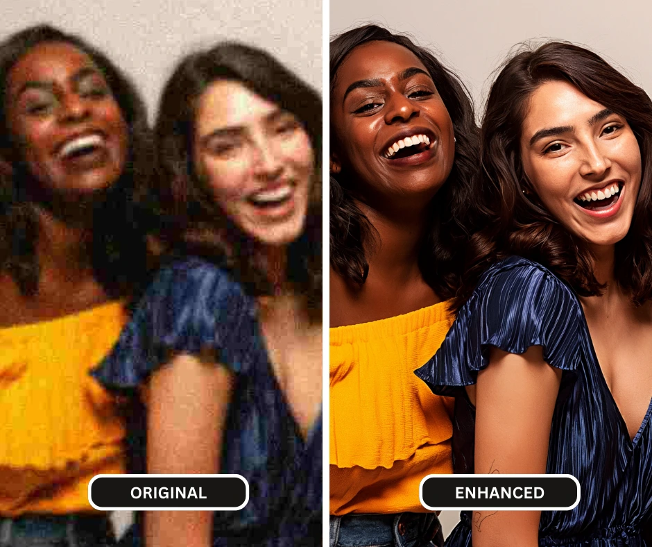 Two woman laughing at the camera enhanced image using superid