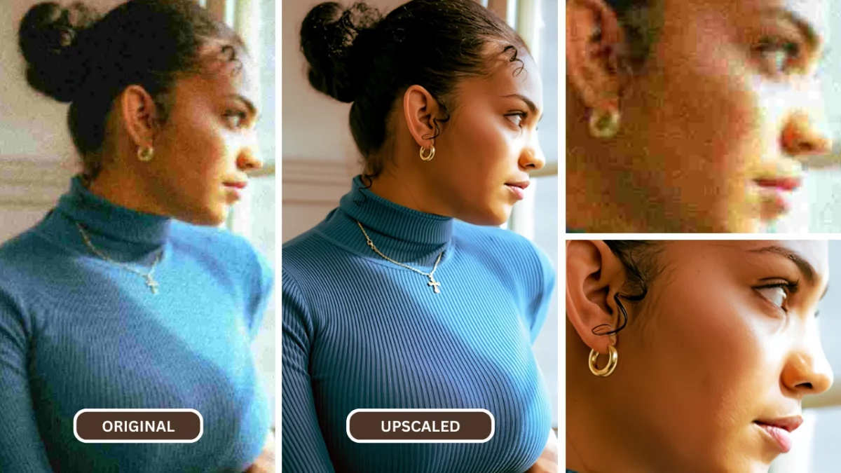 Femme noire en haut bleu et boucles d'oreilles et collier dorés, comparaison d'images améliorées par AI Unblur Face