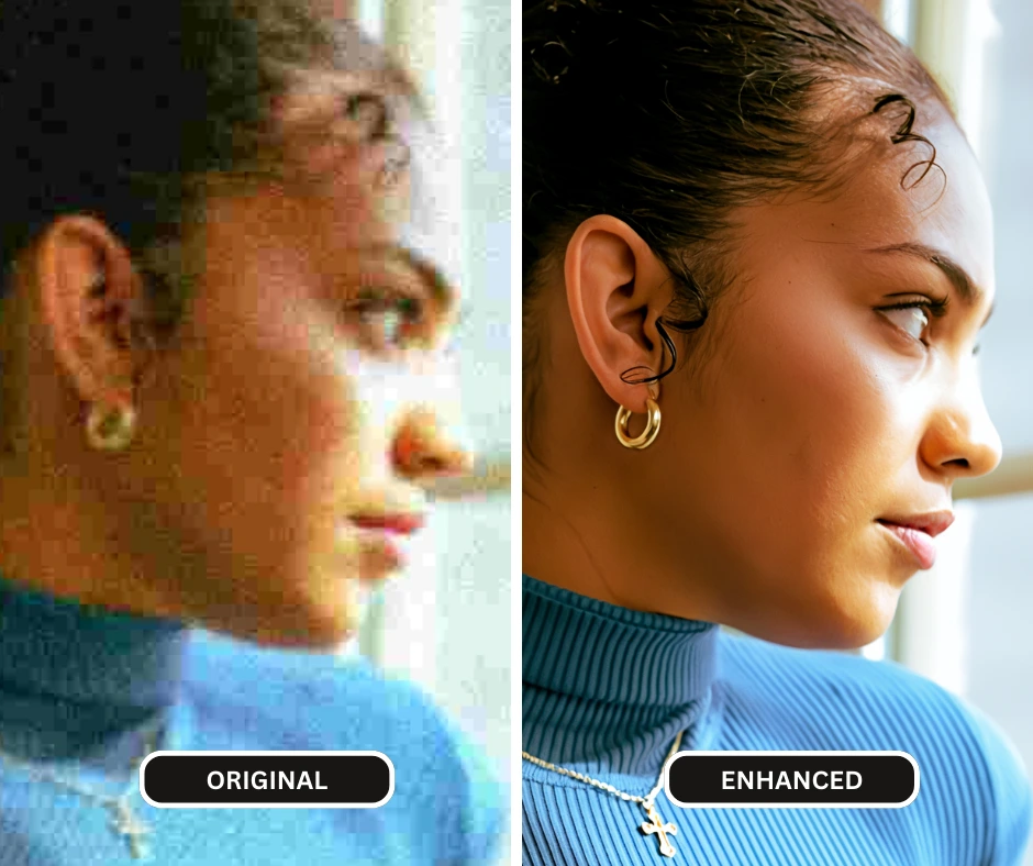 AI unblur face Closeup comparison of a black woman in blue top