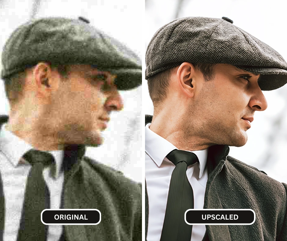 closeup comparison of a man in suit and tie and a grey cap styled in old fashion