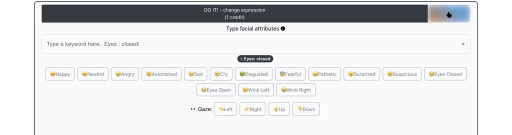 Sélection du filtre yeux fermés sur EraseID en choisissant la fonction de changement d'expression