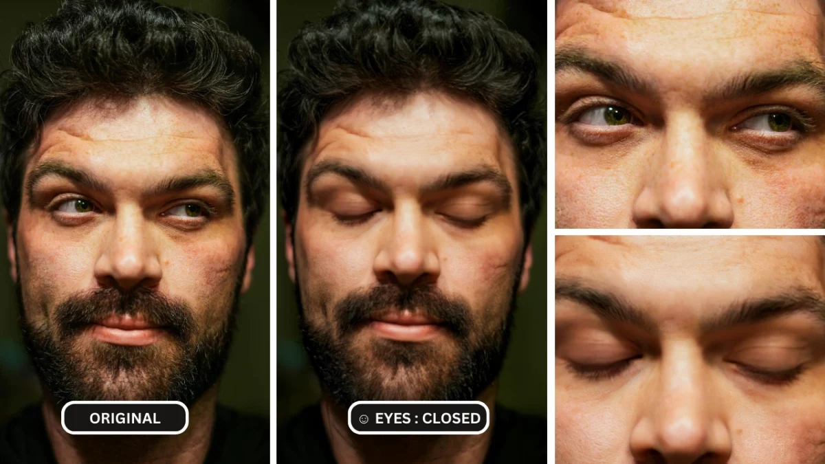 eyes closed filter using eraseid closeup comparison on an image of a bearded man in black t-shirt