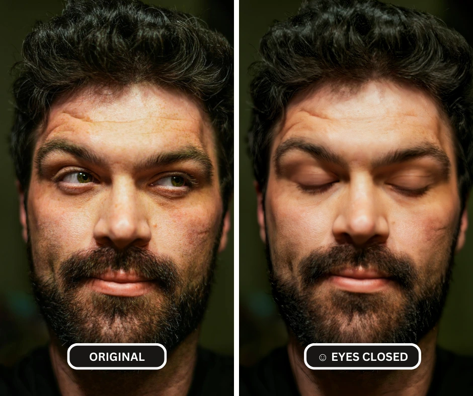 eyes closed filter by EraseID being applied on an image of a bearded man