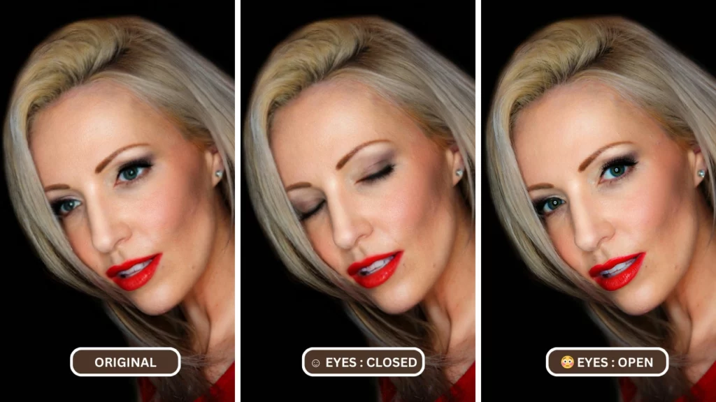 comparison of closed and open eyes on an image of blonde woman