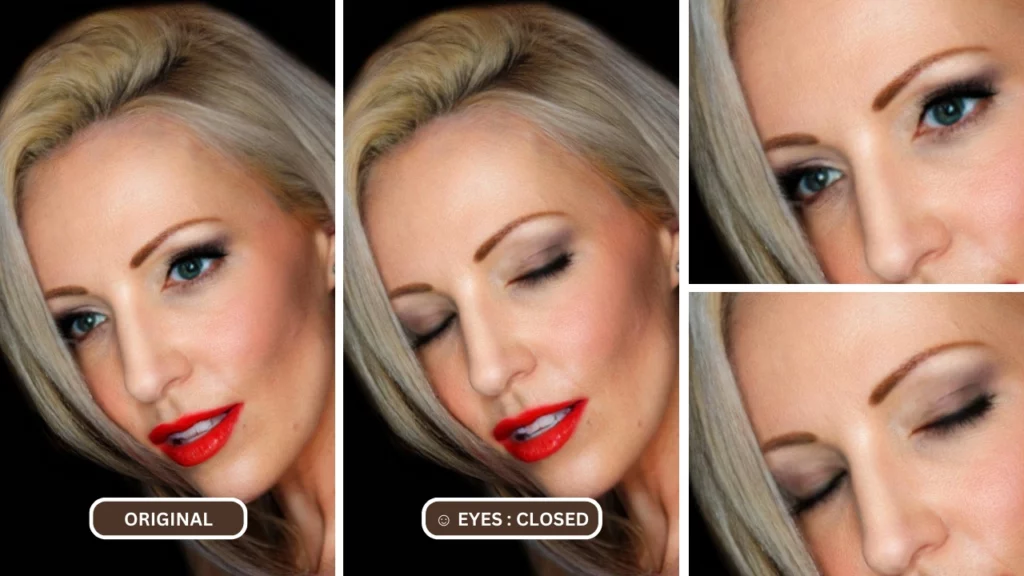 closeup comparison of an image of blonde woman shutting eyes using ai