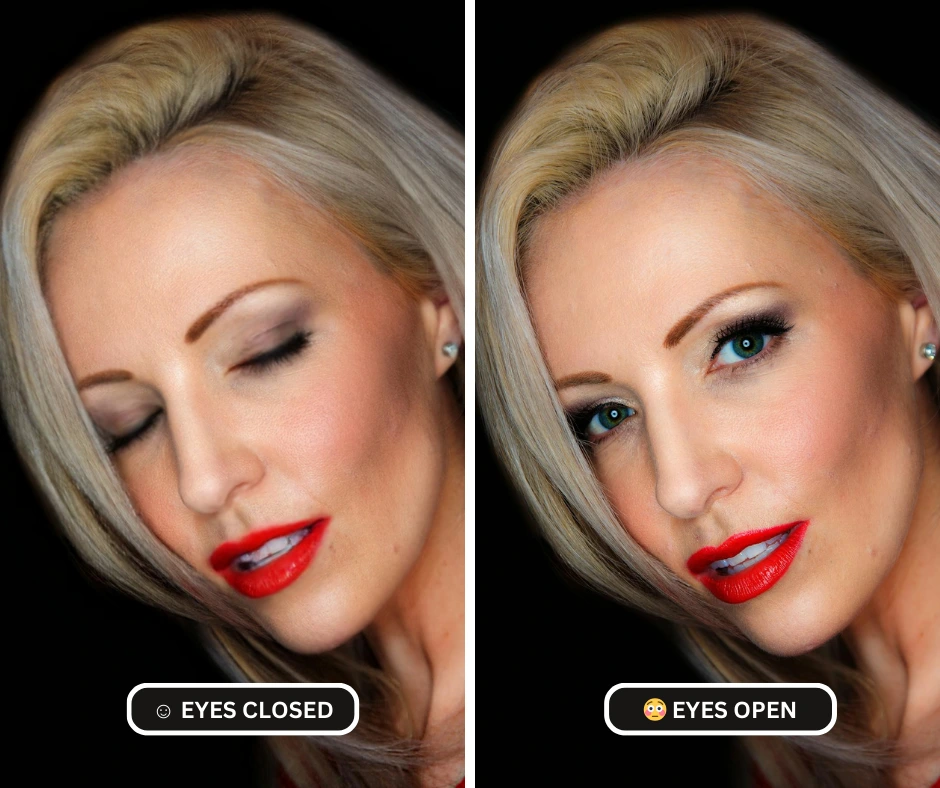 Comparison of closed and open eyes on an image of blonde woman