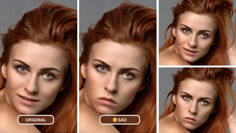 sad face filter online being used on an image of a woman in red hair