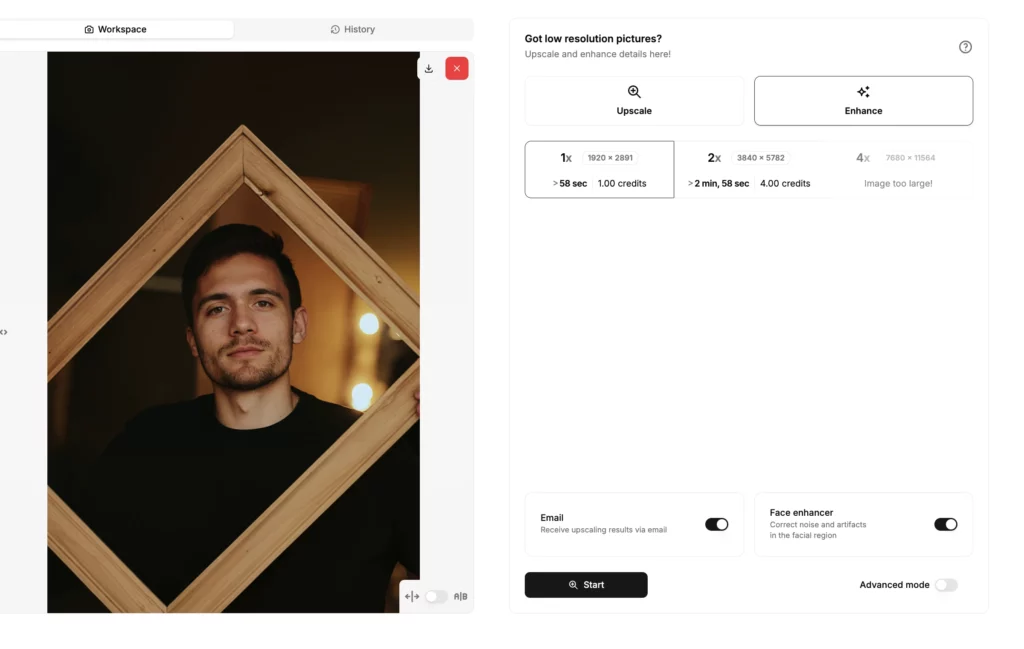 Imagen mejorada de un hombre sosteniendo un marco de madera, cargada y mejorada mediante la plataforma SuperID, un escalador facial con inteligencia artificial, ahora lista para descargar en alta definición.