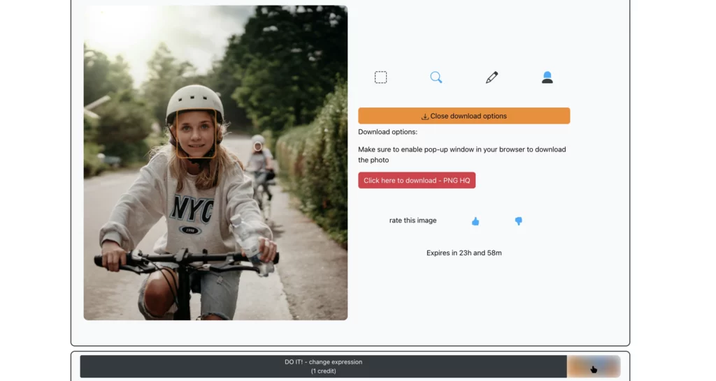 Final image created of a young girl in grey smiling after using EraseID's change expressions feature
