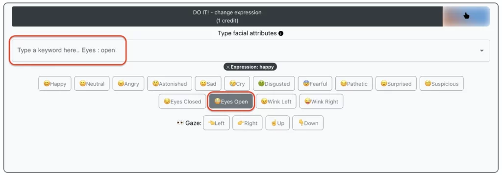 Selecting the highlighted prompt Eyes open to change expressions via EraseID