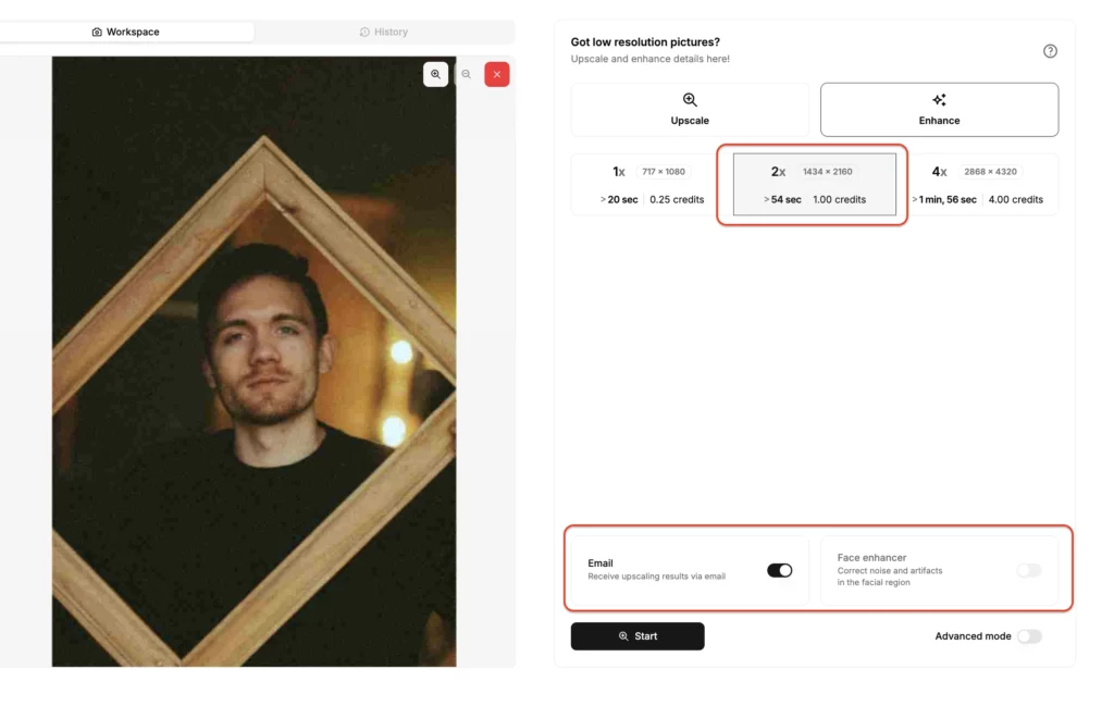 Cargar una imagen de un hombre con marco de madera en SuperID y elegir la configuración para mejorar, 2x y enviar por correo electrónico la imagen mejorada.