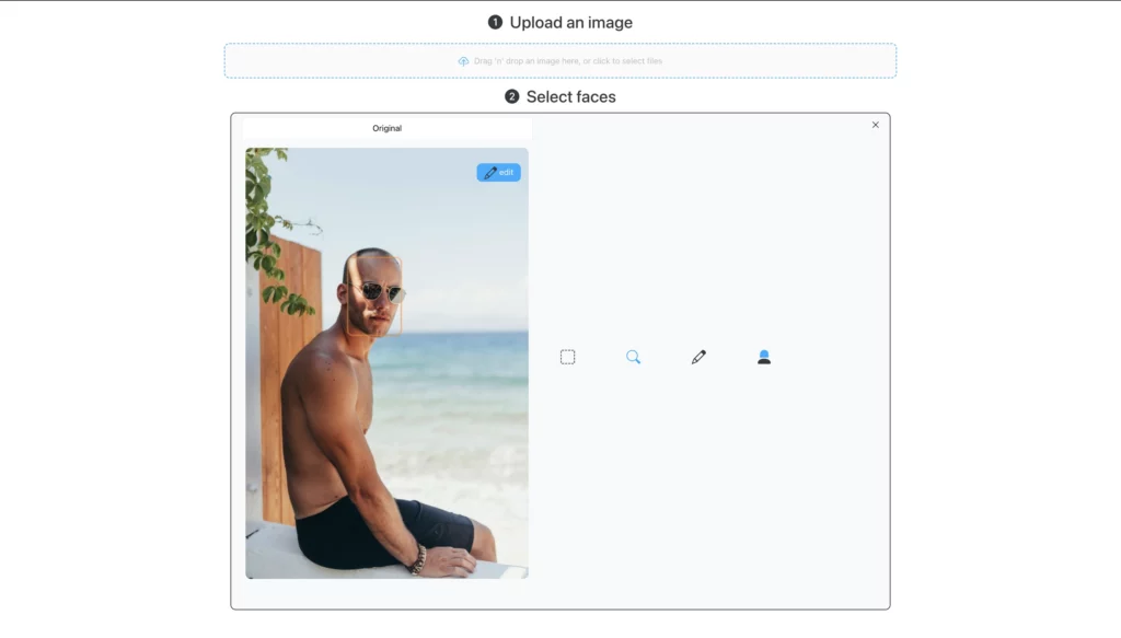 Hochladen des Originalbilds eines glatzköpfigen Mannes, der mit Sonnenbrille am Strand sitzt