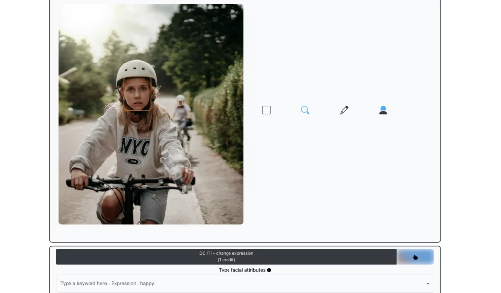 Uploading an image of a young girl riding a bike on an perfect smile filter named EraseID to change expressions to happy