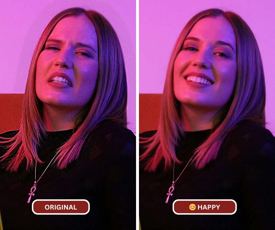 Due immagini di una giovane donna bionda in luci al neon hanno cambiato espressione da "triste" o "disgustata" a "felice" dopo aver utilizzato EraseID