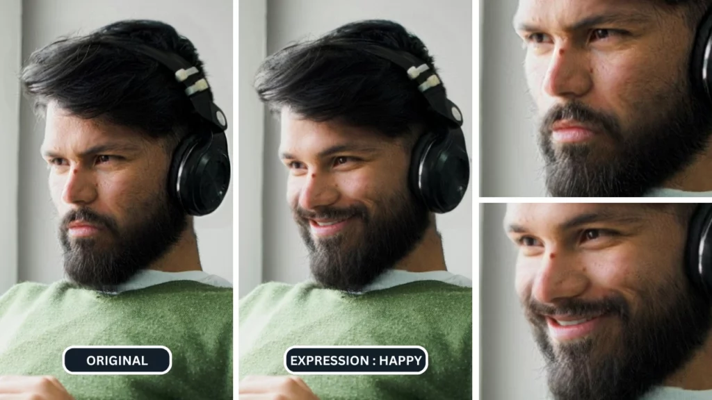 Quattro immagini di un uomo con la barba, con le cuffie e un maglione verde. Le immagini a figura intera e in primo piano a sinistra, contrassegnate con "ORIGINALE", mostrano un'espressione neutra. Le immagini a figura intera e in primo piano a destra, contrassegnate con "ESPRESSIONE: FELICE", lo mostrano sorridente, generate da un generatore di sorrisi basato sull'intelligenza artificiale.