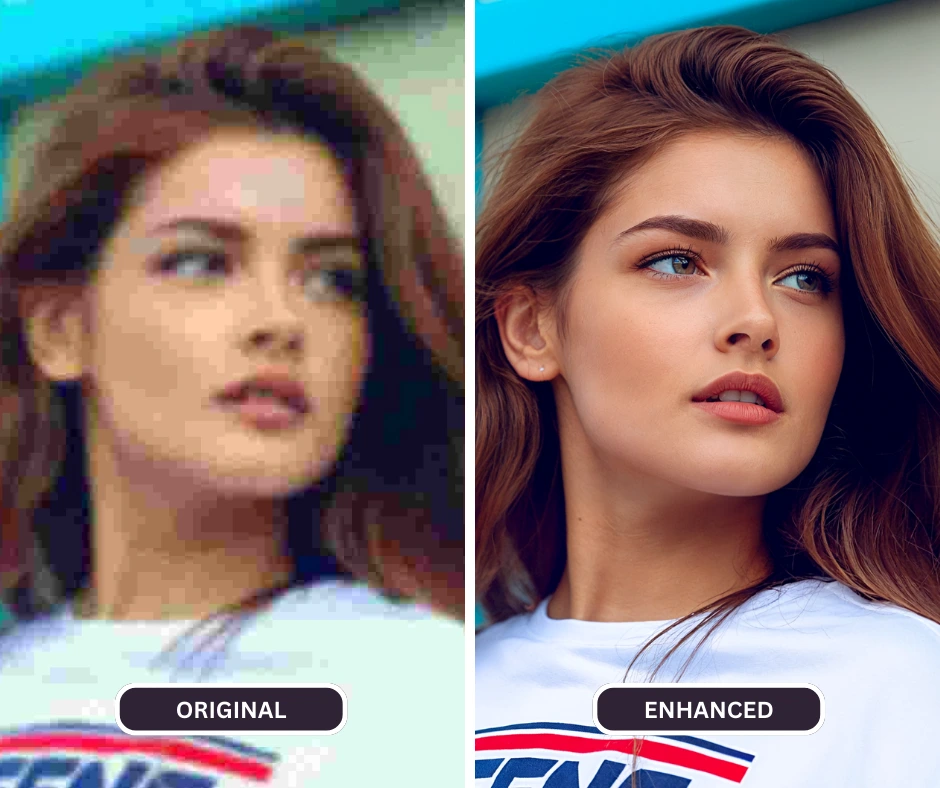 Usando un escalador de rostros con inteligencia artificial llamado superid en una imagen de primer plano de una joven con cabello rojo y camisa blanca