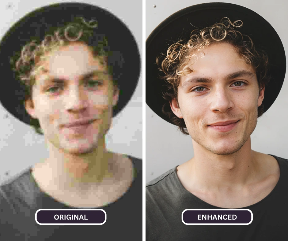 Comparando una imagen de primer plano de un hombre con sombrero y cabello rizado mejorada con superid