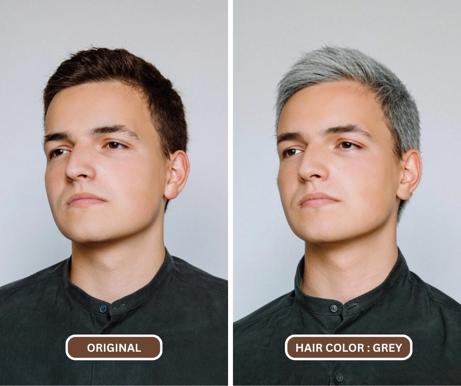 AI hair color changer "EraseID" being used on an image of man to change his hair color to grey