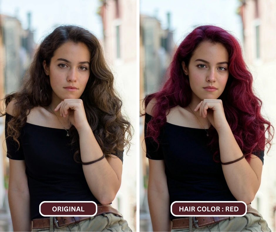 Using EraseID to change the hair of a woman in black t-shirt posing for a photograph