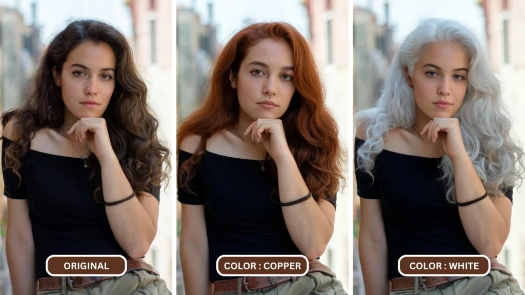 Use AI hair color changer on an image of a young woman in black top and green pants