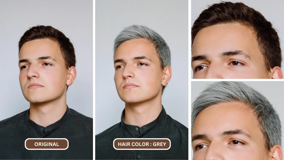 AI hair color changer being used to change hair color to grey of a guy in blue shirt