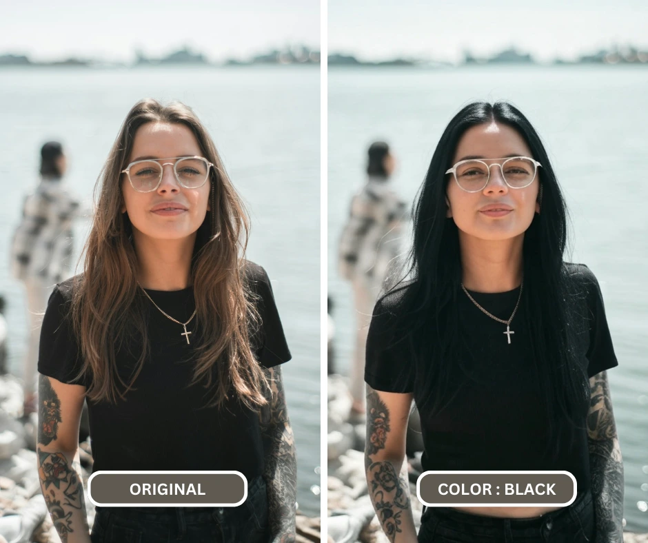 Changing hair of a young woman in eyeglasses standing near a beach