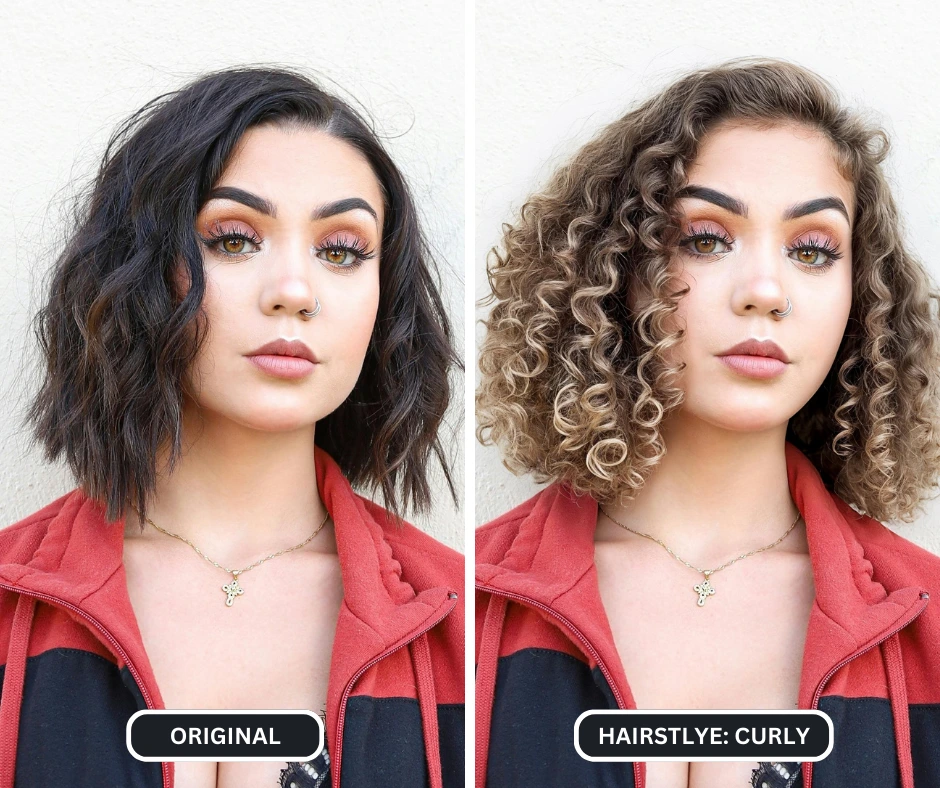 Utilisation d'un changeur de coiffure IA d'une jeune femme aux cheveux courts changés en coiffure bouclée et blonde