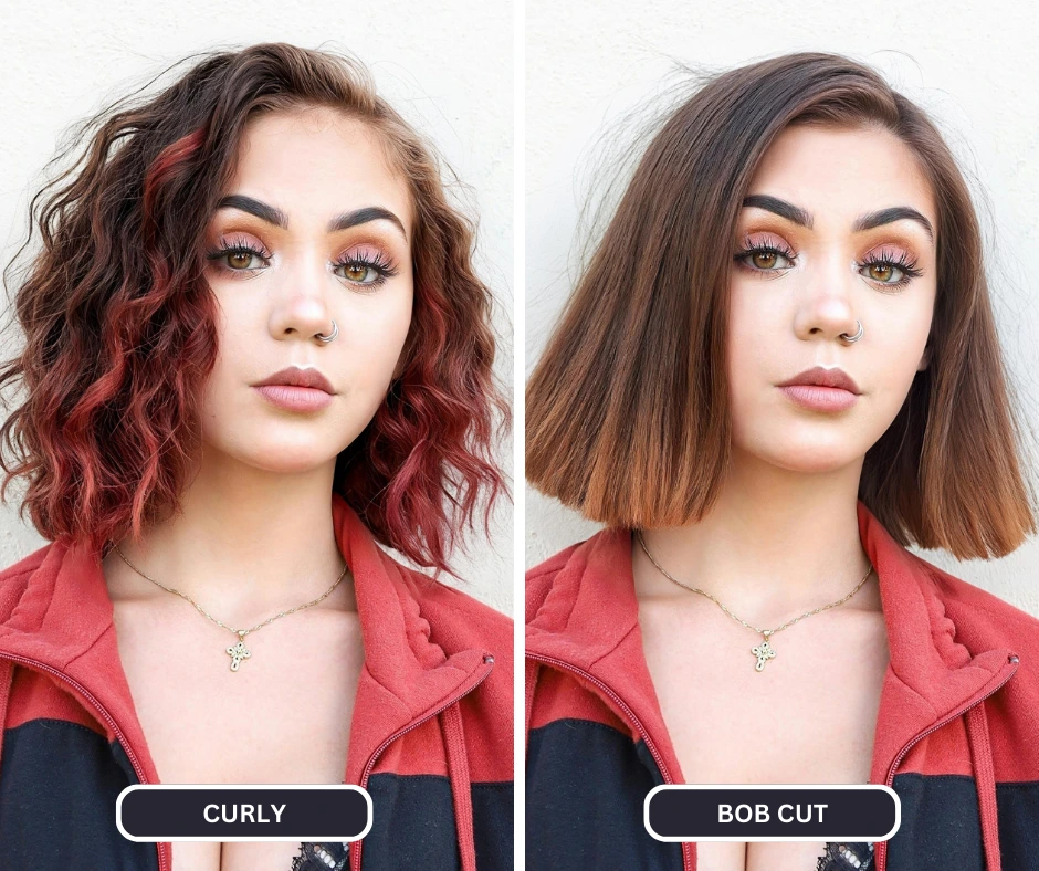 Changement de deux coupes de cheveux différentes de Curly et Bob sur une image d'une jeune femme