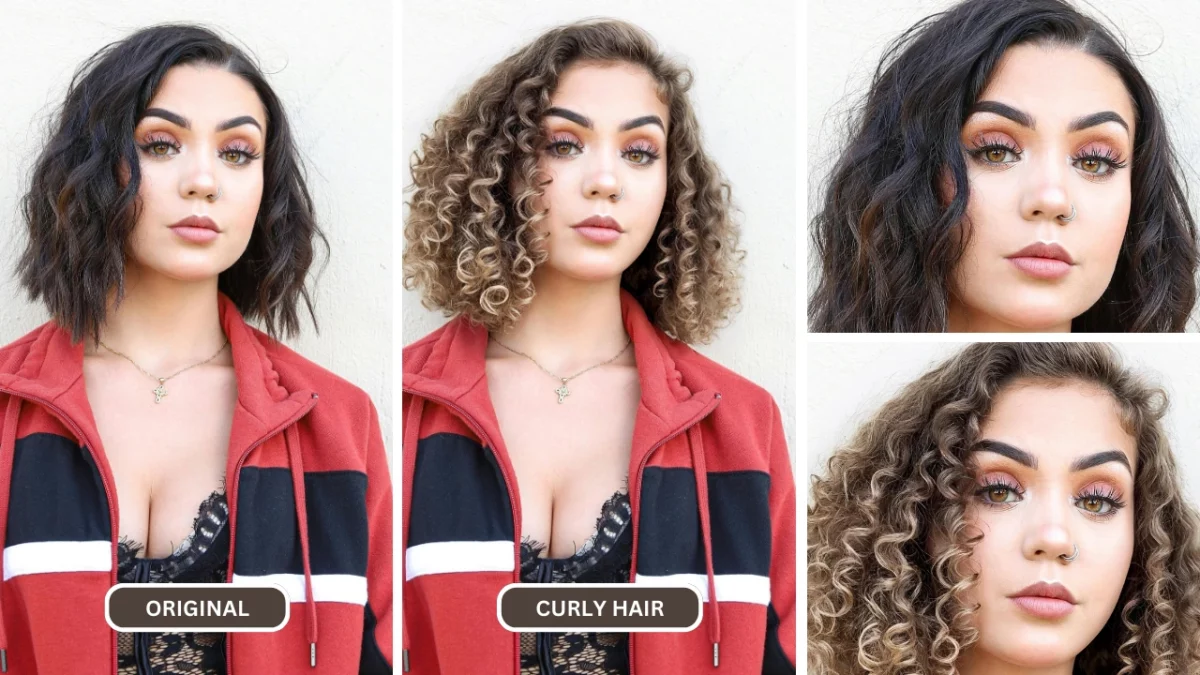 Le changeur de coiffure AI EraseID est utilisé sur une image de femme en corset et veste rouge