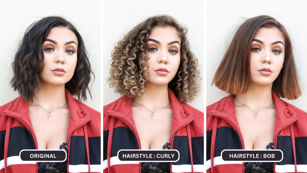 Femme en corset et veste, coiffure modifiée de l'original à bouclée puis à coupe Bob à l'aide du changeur de coiffure AI EraseID
