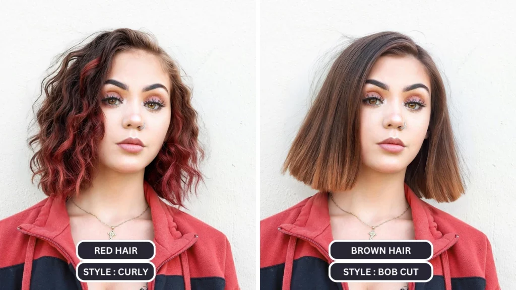 Cheveux roux avec coiffure bouclée changés en cheveux bruns et coupe au carré après avoir utilisé une IA par EraseID