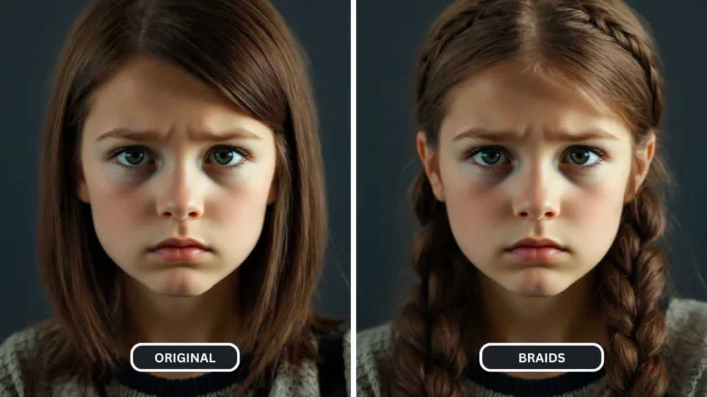 Jeune fille aux cheveux longs et raides d'origine changés en tresses grâce à l'IA