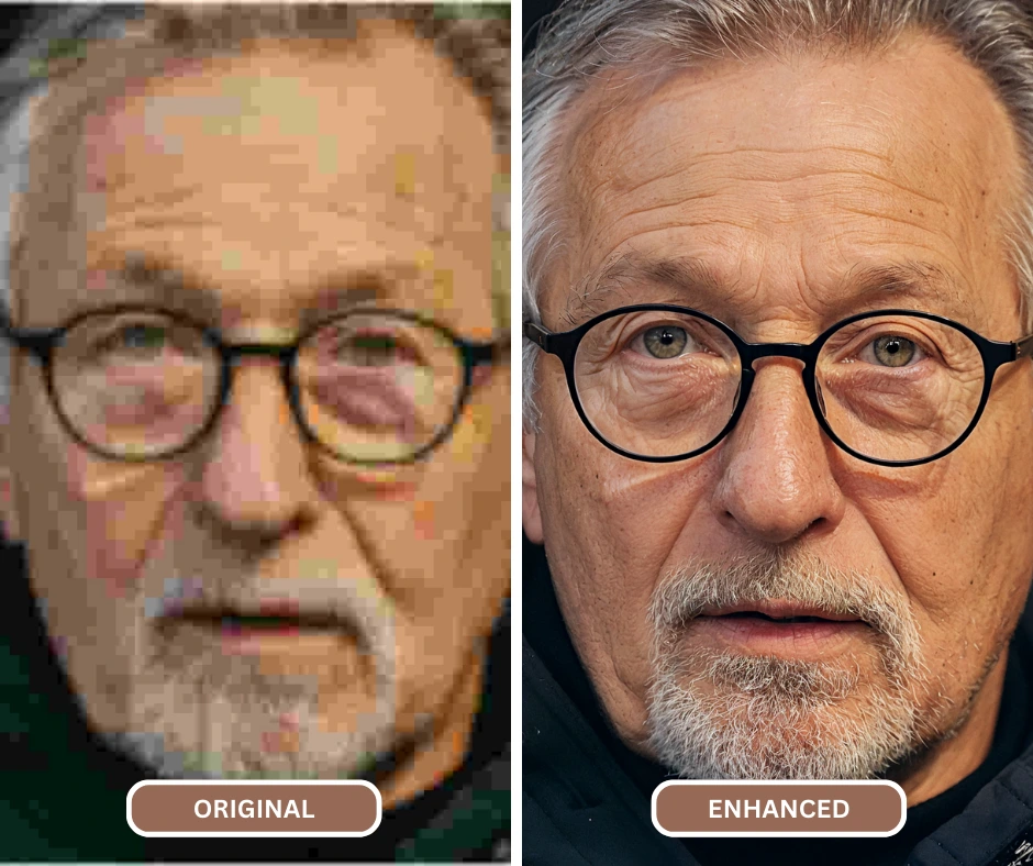 Comparación del desenfoque de un rostro mejorado con SuperID de la imagen de un anciano con gafas y ojos marrones
