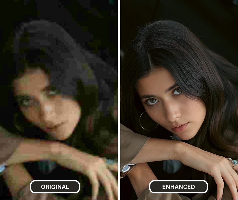 Imagen comparativa de una mujer con cabello largo y negro.