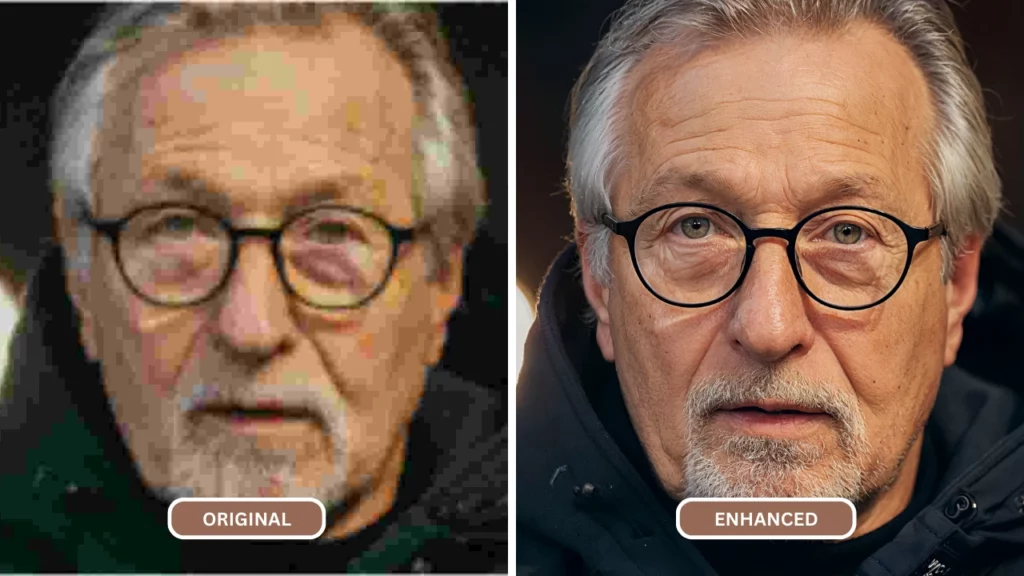 Imagen borrosa del rostro de un anciano con gafas, cabello gris y bigote, mejorada con SuperID