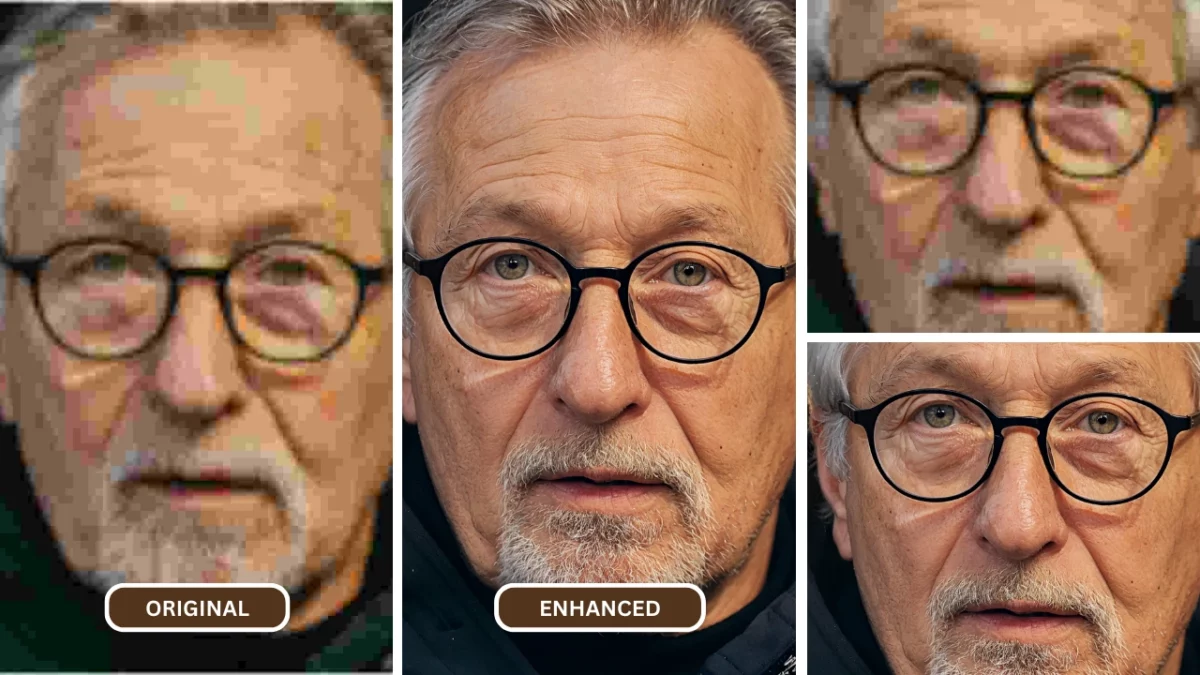 Imagen borrosa del rostro de un hombre muy mayor con barba francesa blanca y cabello gris restaurada usando SuperID