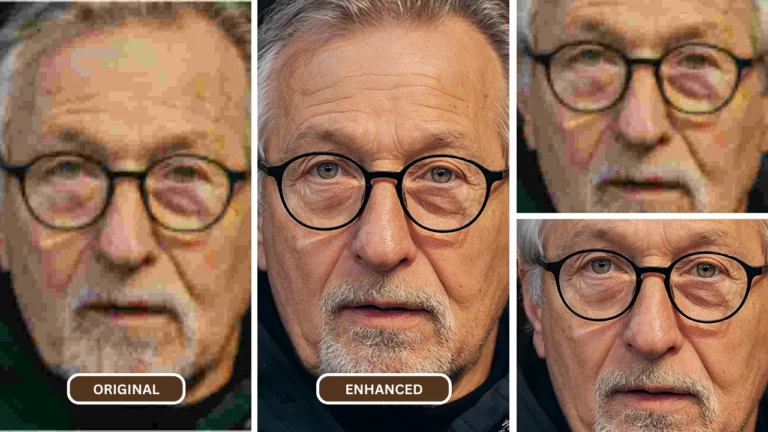 Imagen borrosa del rostro de un hombre muy mayor con barba francesa blanca y cabello gris restaurada usando SuperID