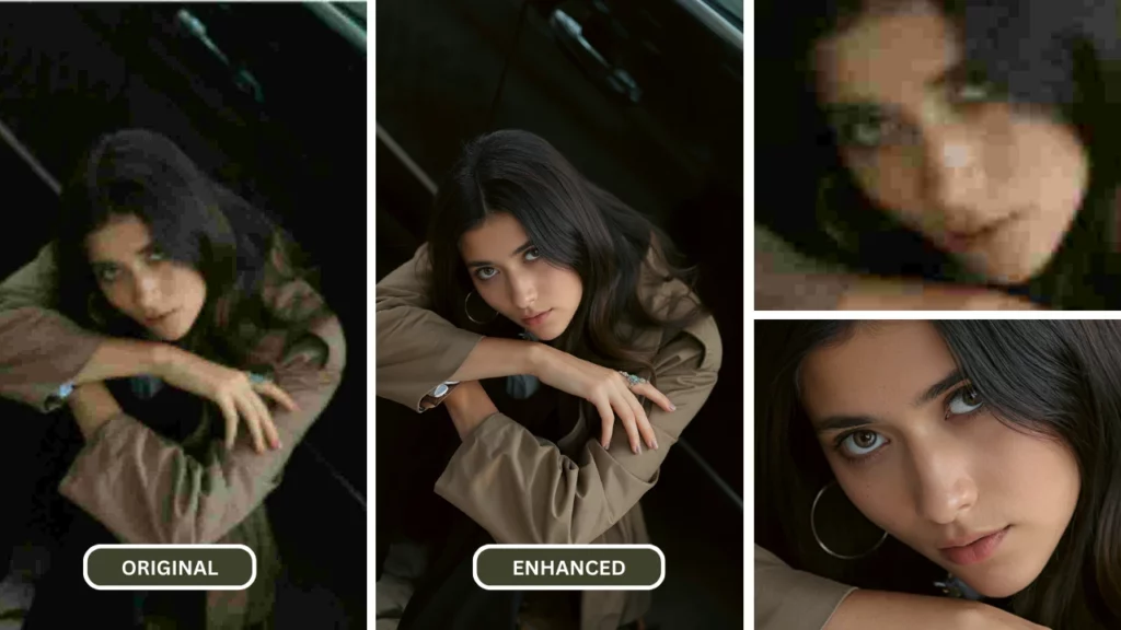 Imágenes comparativas de una mujer con cabello negro y camisa caqui.